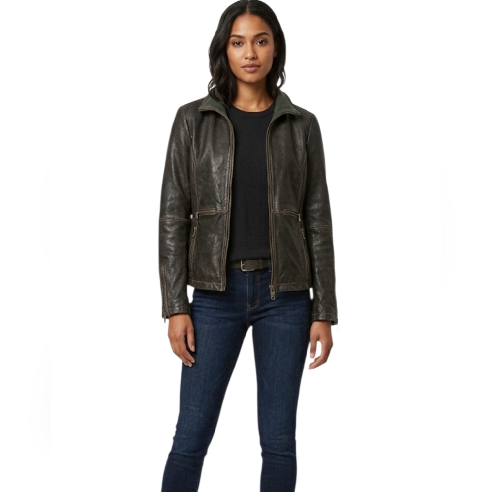 NAPAPIJIRI Womens Leather Jacket with Zipper Details Size S Black Western Biker